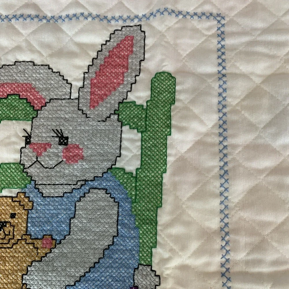 Handmade Cross Stitch Baby Crib Quilt Bunny, Bear, Chicken And Lamb